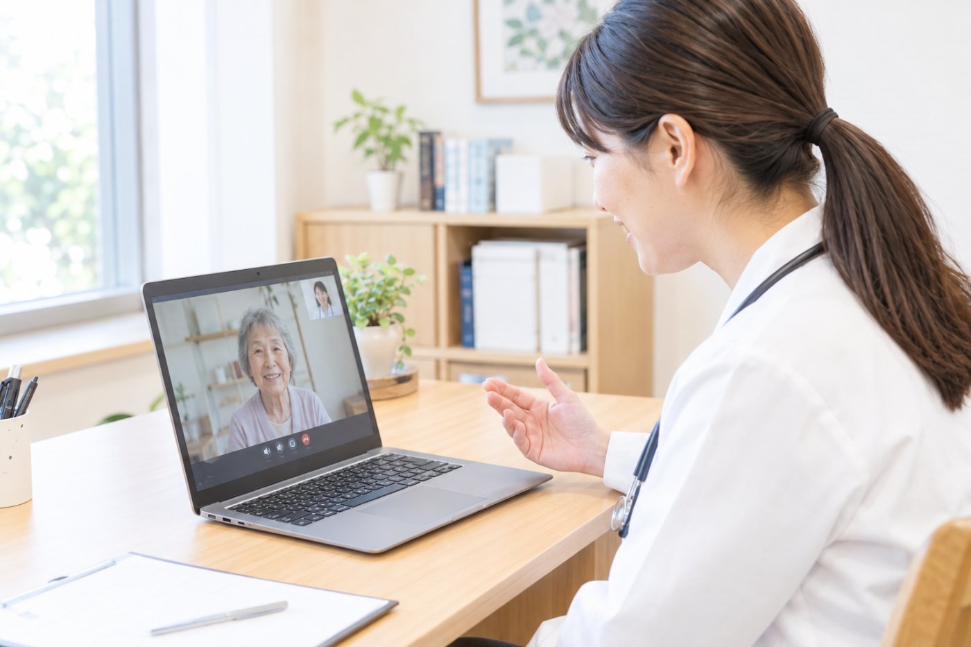 ノートPCの内蔵カメラで患者とオンライン診療をする医師