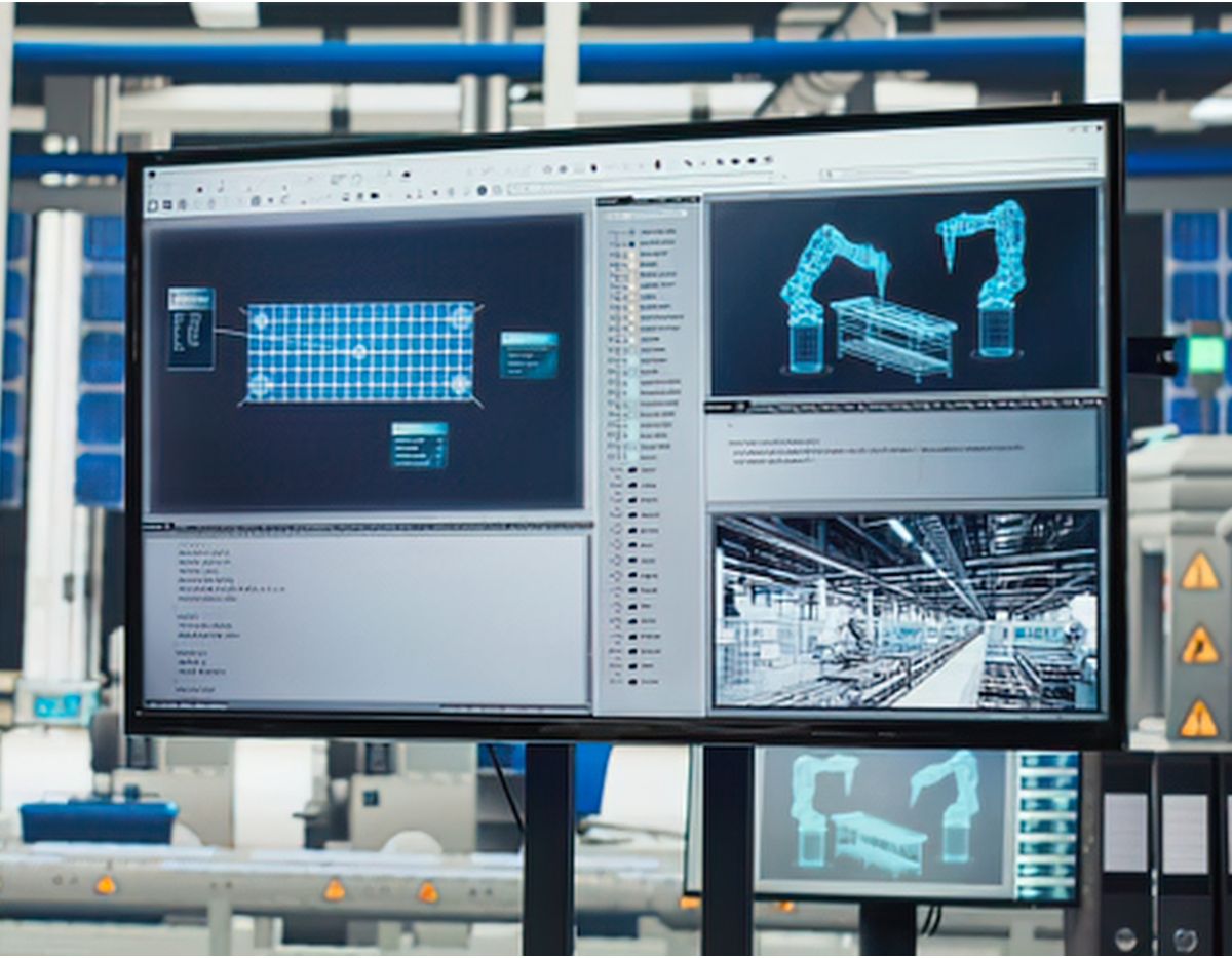 ワークステーションと2台のモニターで3D CADを操作する設計者