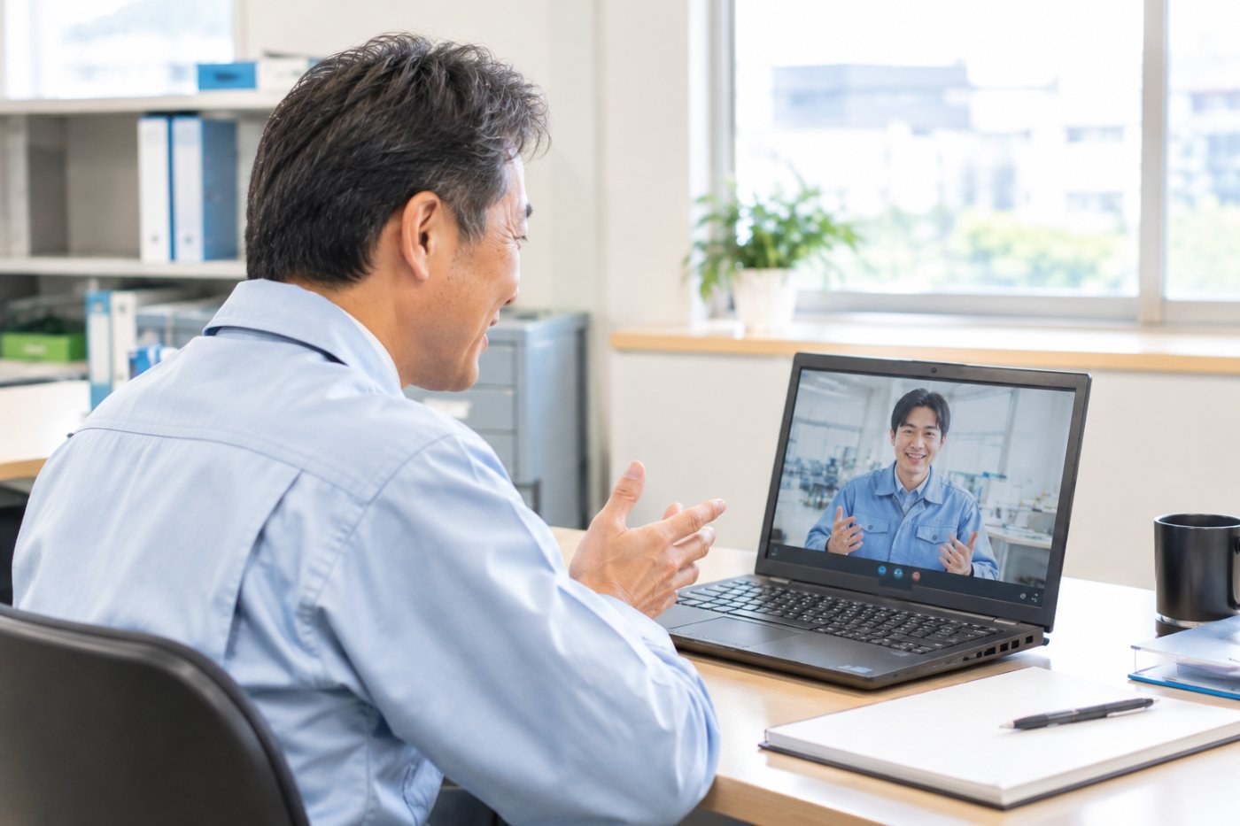 工場の事務所でノートPCの内蔵カメラを使ってWeb会議をする男性